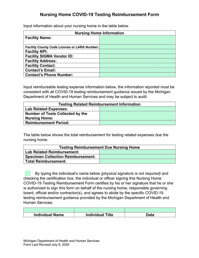 Nursing Home COVID 19 Testing Reimbursement Form screenshot