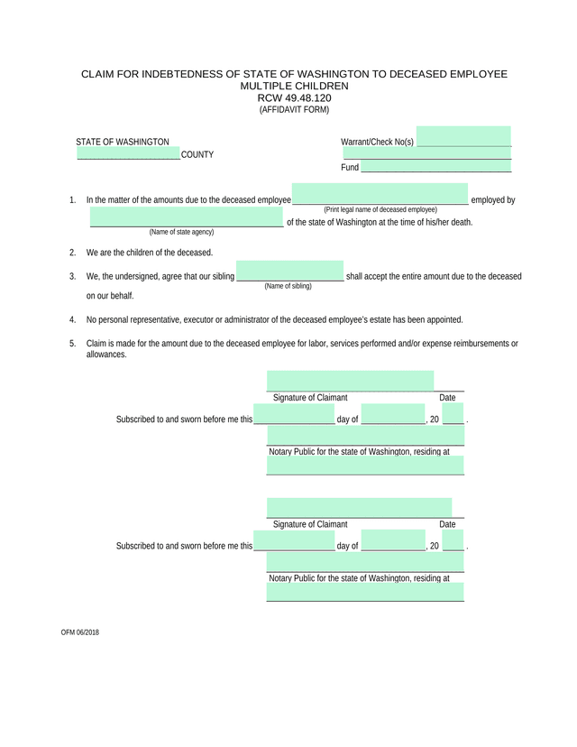 CLAIM FOR INDEBTEDNESS OF STATE OF WASHINGTON TO DECEASED EMPLOYEE MULTIPLE CHILDREN screenshot
