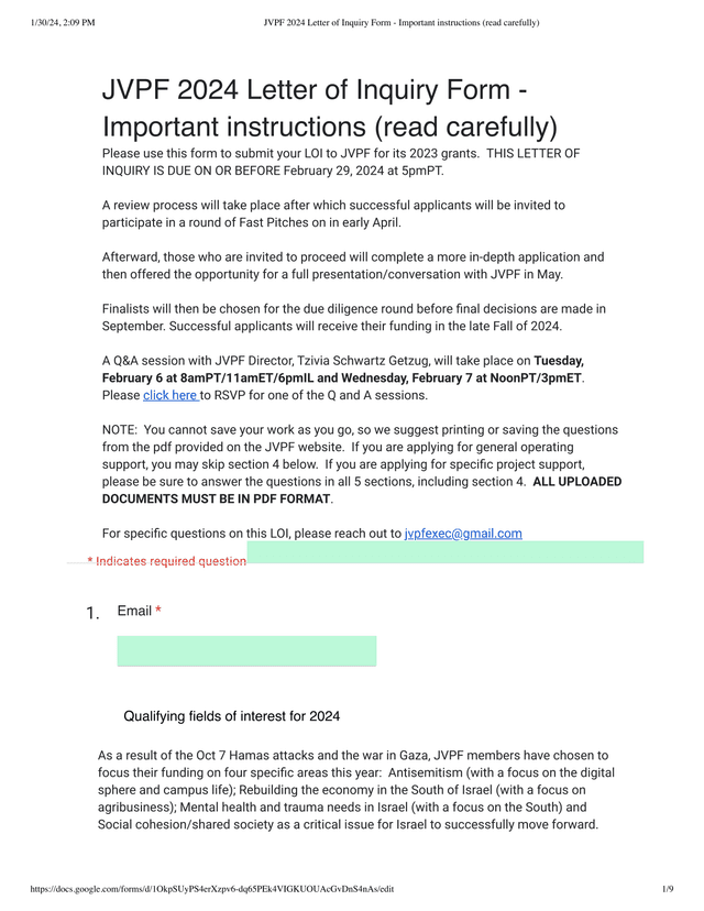 JVPF 2024 Letter Of Inquiry Form screenshot
