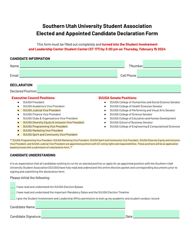 Southern Utah University Student Association Elected And Appointed Candidate Declaration Form screenshot
