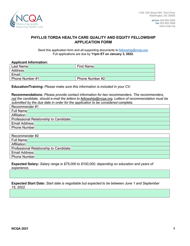 PHYLLIS TORDA HEALTH CARE QUALITY AND EQUITY FELLOWSHIP APPLICATION FORM screenshot