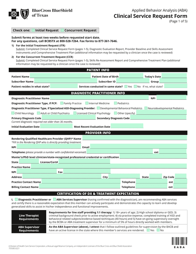 Applied Behavior Analysis (ABA) Clinical Service Request Form screenshot