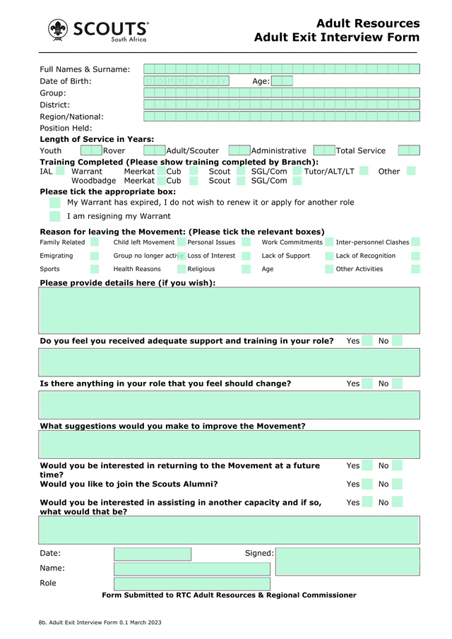 Adult Exit Interview Form screenshot