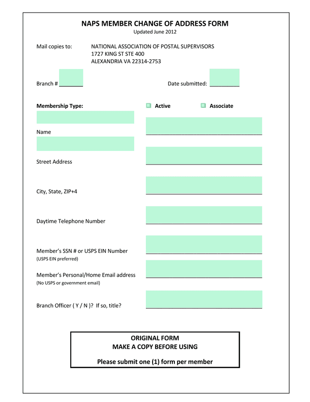 NAPS Member Change Of Address Form screenshot