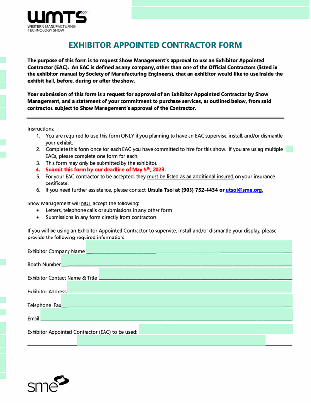 Exhibitor Appointed Contractor Form screenshot