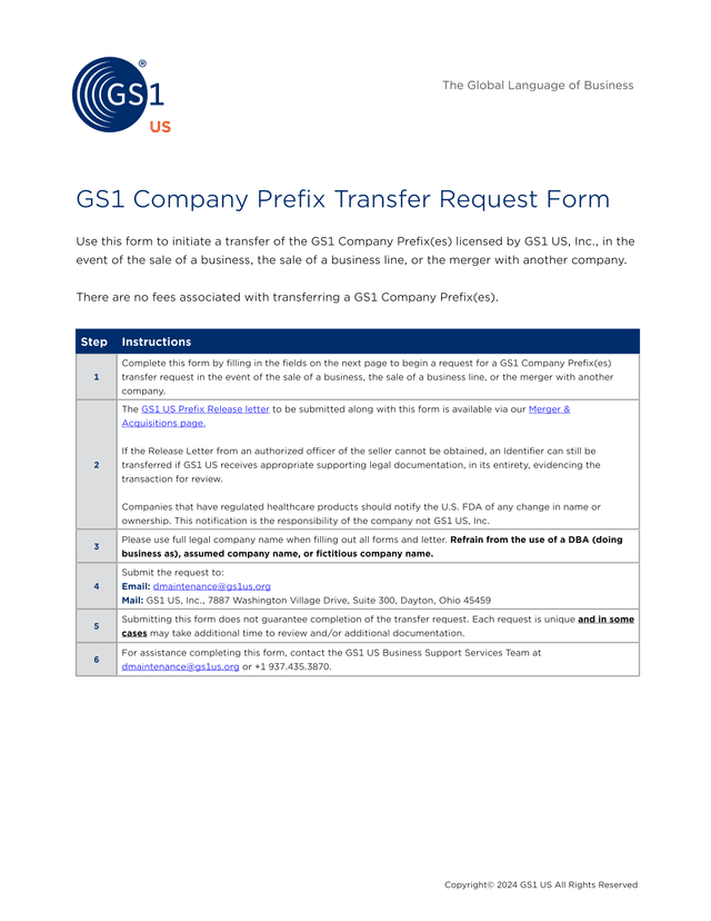GS1 Company Prefix Transfer Request Form screenshot