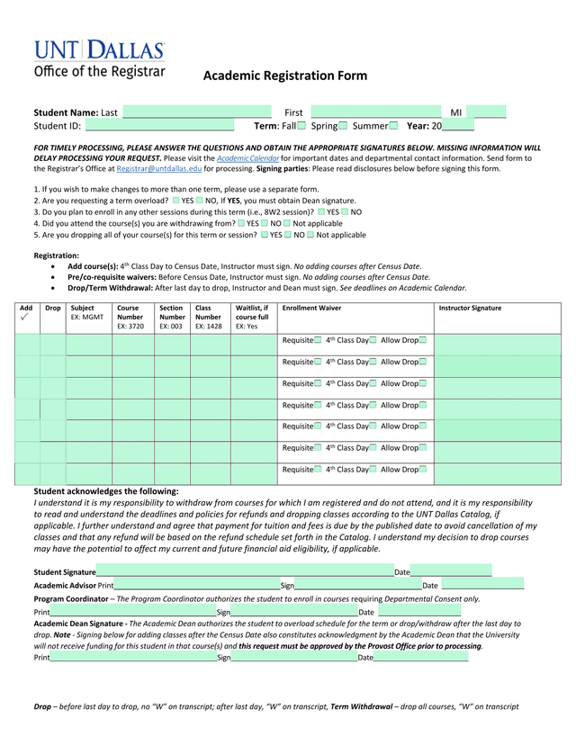 Academic Registration Form screenshot