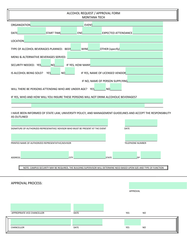 Alcohol Request  Approval Form screenshot