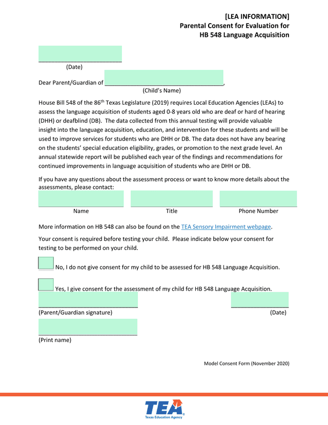 Parental Consent For Evaluation HB 548 Language Acquisition screenshot