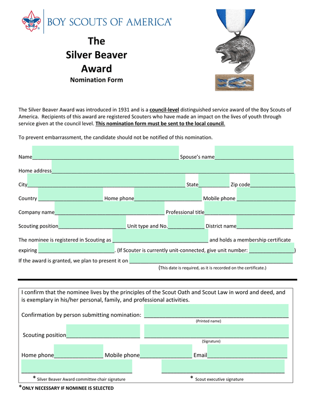 Silver Beaver Award Nomination Form screenshot