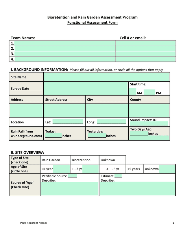 Bioretention And Rain Garden Assessment Program Functional Assessment Form screenshot