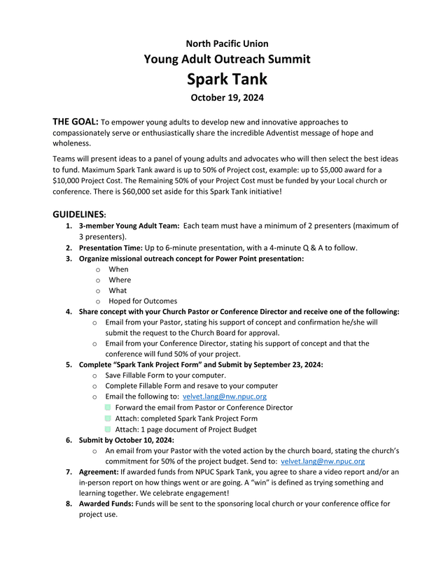 North Pacific Union Young Adult Outreach Summit Spark Tank screenshot