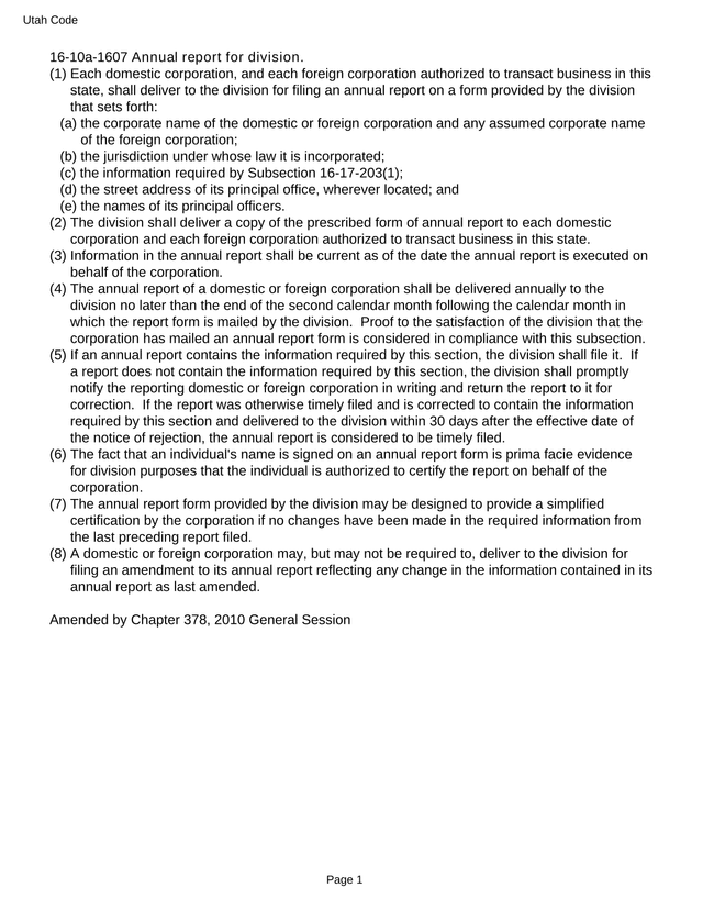 Utah Code 16 10a 1607 Annual Report For Division screenshot