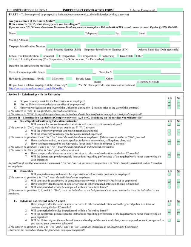 Independent Contractor Form screenshot