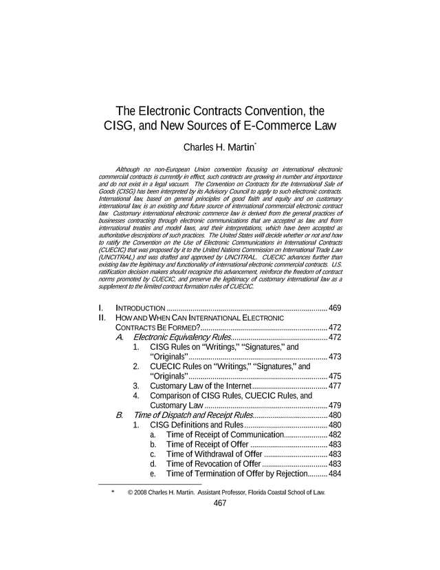 The Electronic Contracts Convention, The CISG, And New Sources Of E Commerce Law screenshot