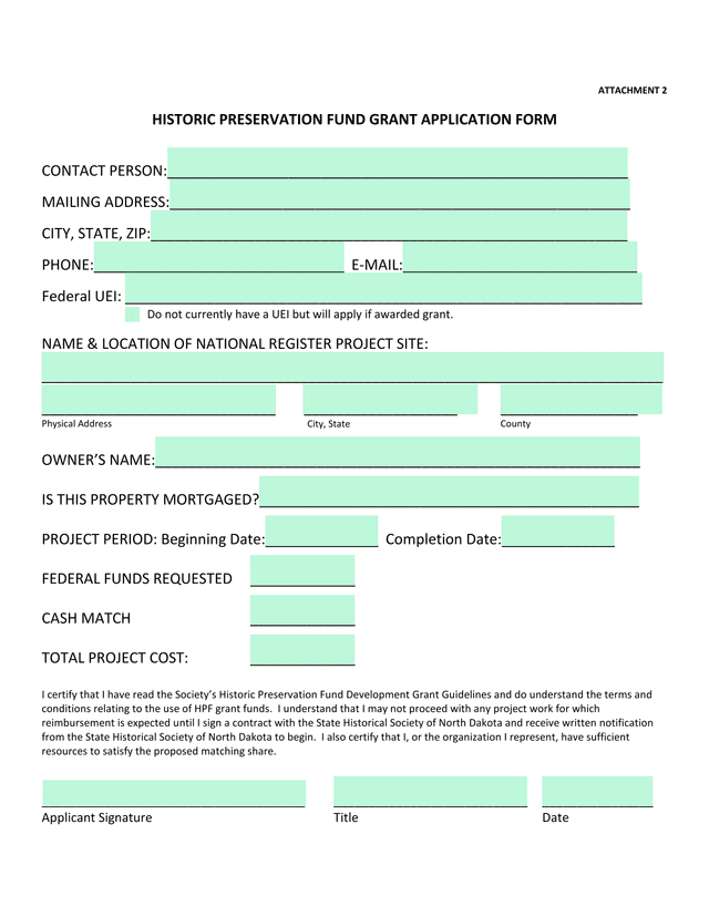 Historic Preservation Fund Grant Application Form screenshot