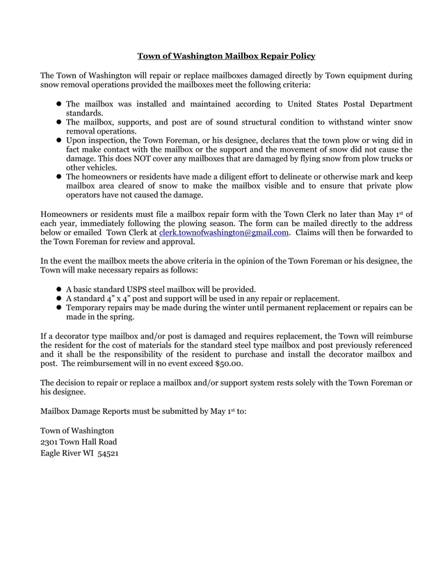 Town Of Washington Mailbox Repair Policy screenshot