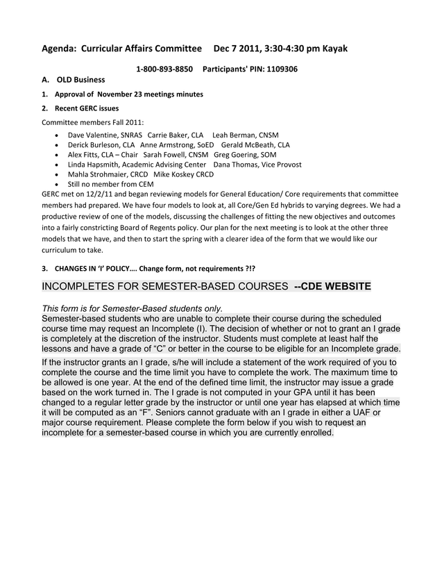 Curricular Affairs Committee Agenda screenshot