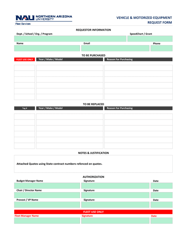 VEHICLE  MOTORIZED EQUIPMENT REQUEST FORM screenshot