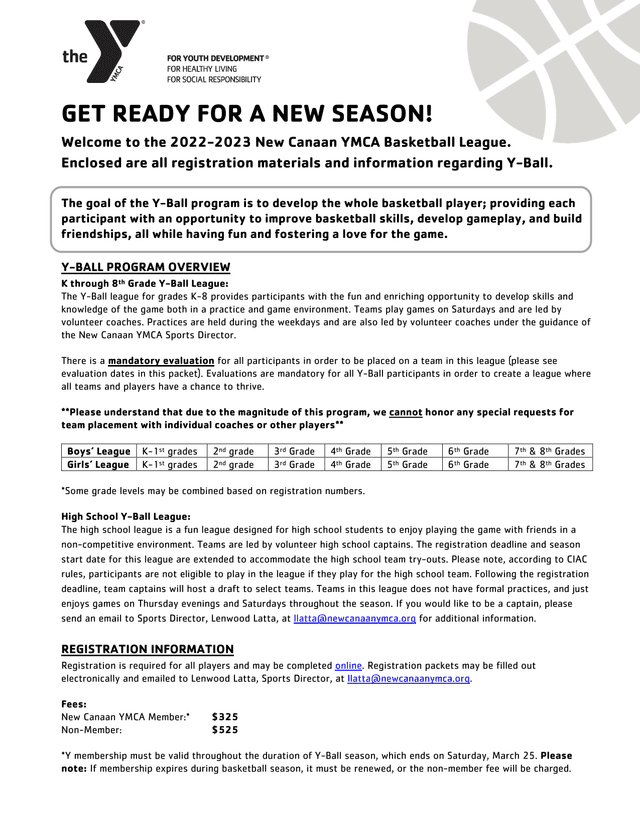 New Canaan YMCA Basketball League Registration screenshot