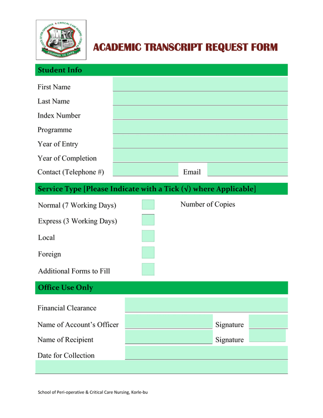 Academic Transcript Request Form screenshot