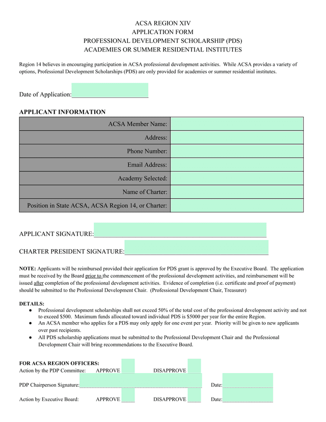 ACSA Region XIV Professional Development Scholarship (PDS) Application Form screenshot