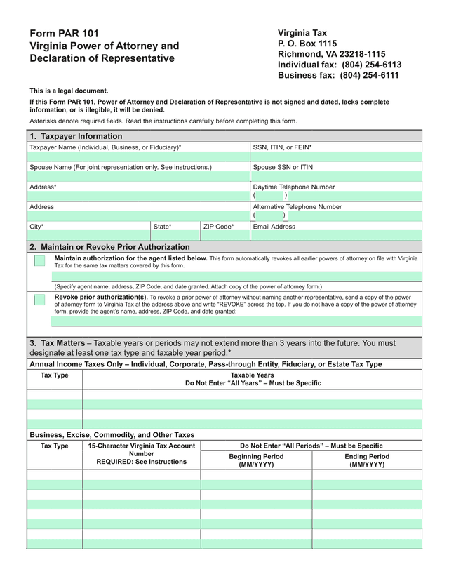 Form PAR 101   Virginia Power Of Attorney And Declaration Of Representative screenshot