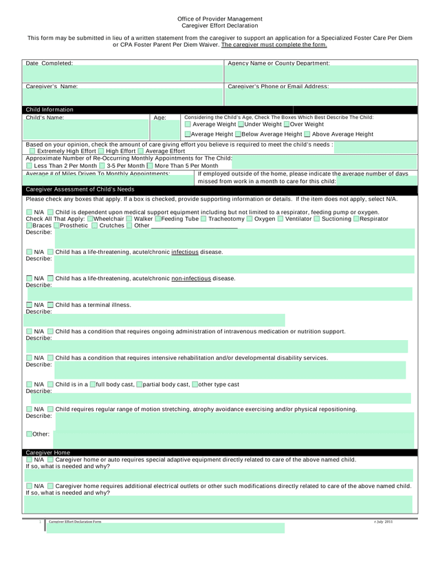 Caregiver Effort Declaration Form screenshot