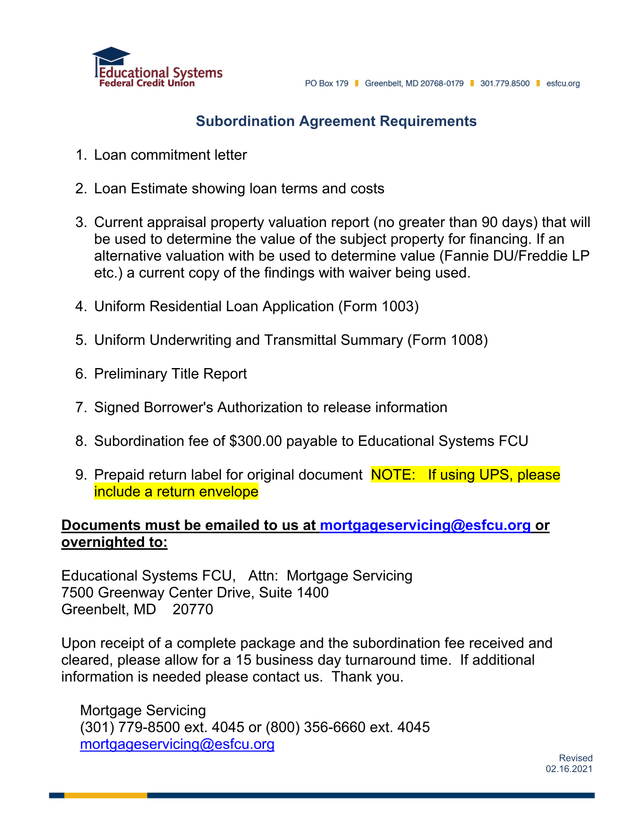 Subordination Agreement Requirements screenshot