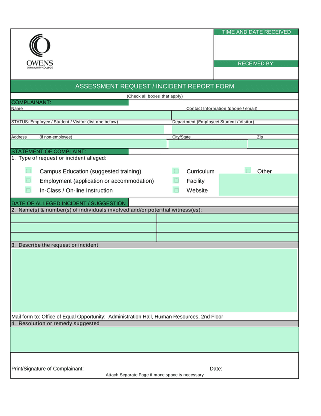 Assessment Request  Incident Report Form screenshot