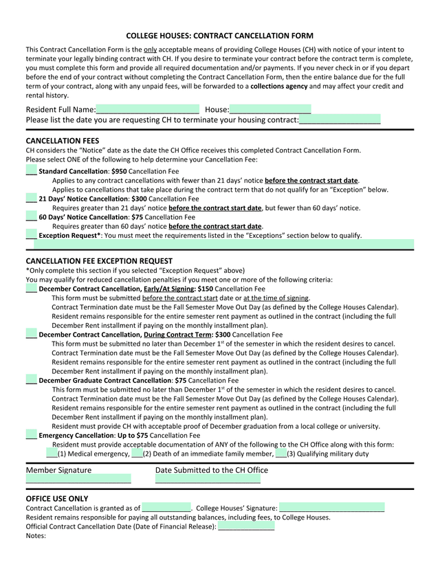 College Houses Contract Cancellation Form screenshot