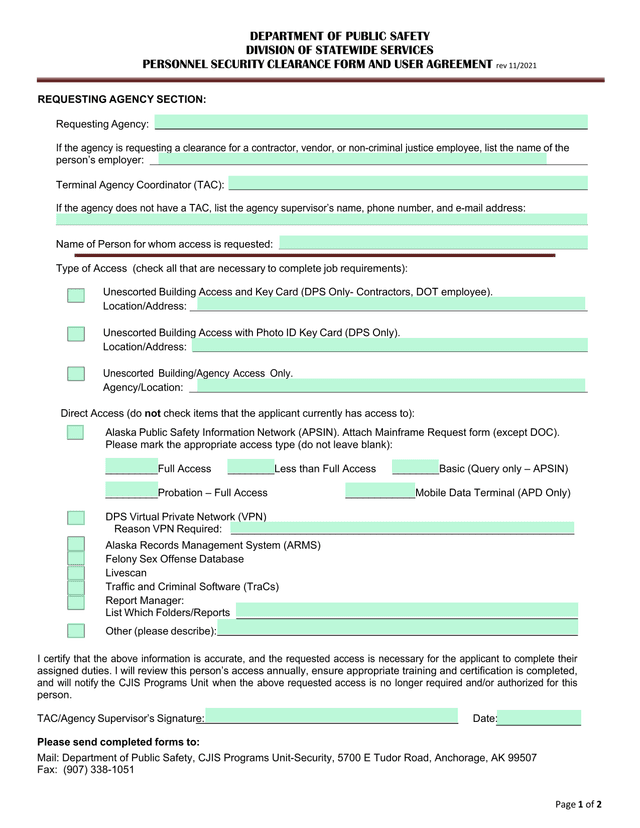 Personnel Security Clearance Form And User Agreement screenshot