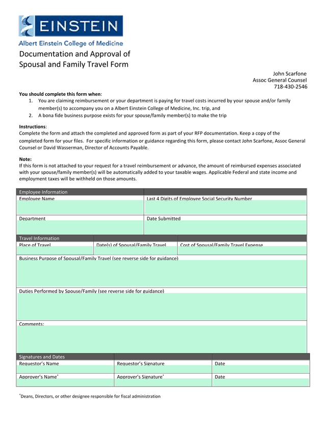 Documentation And Approval Of Spousal And Family Travel Form screenshot