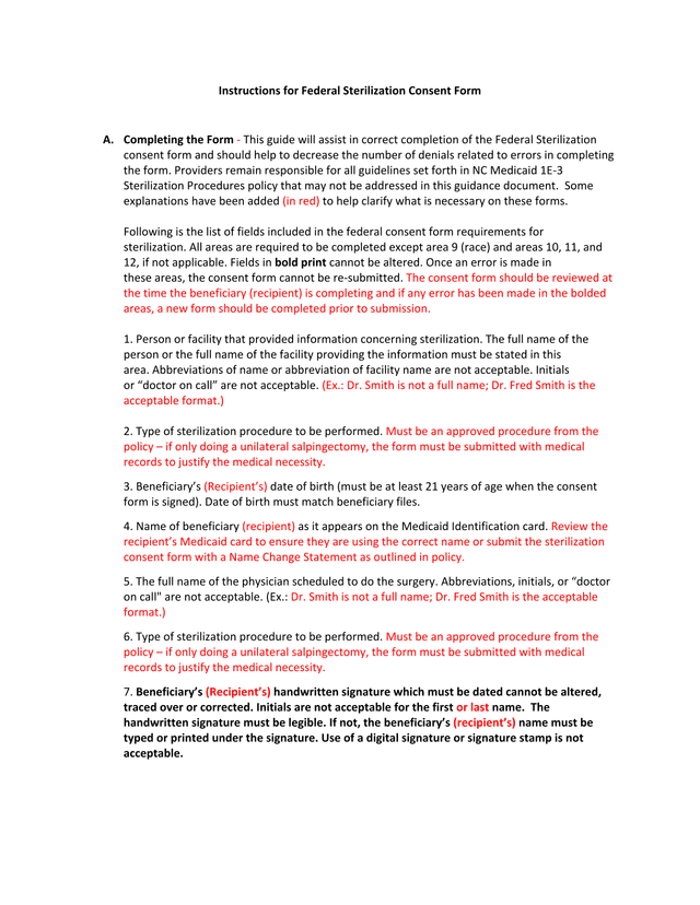 Federal Sterilization Consent Form Instructions screenshot