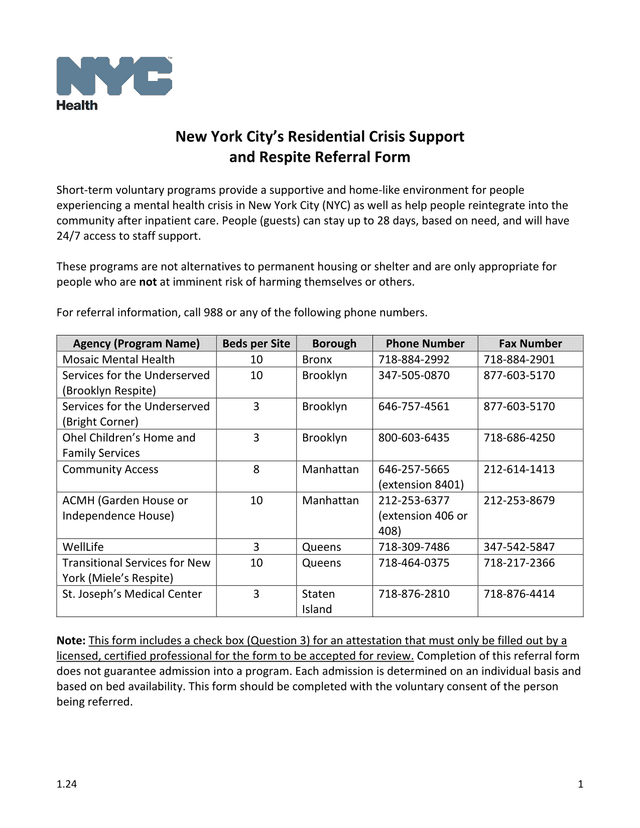 New York CityS Residential Crisis Support And Respite Referral Form screenshot