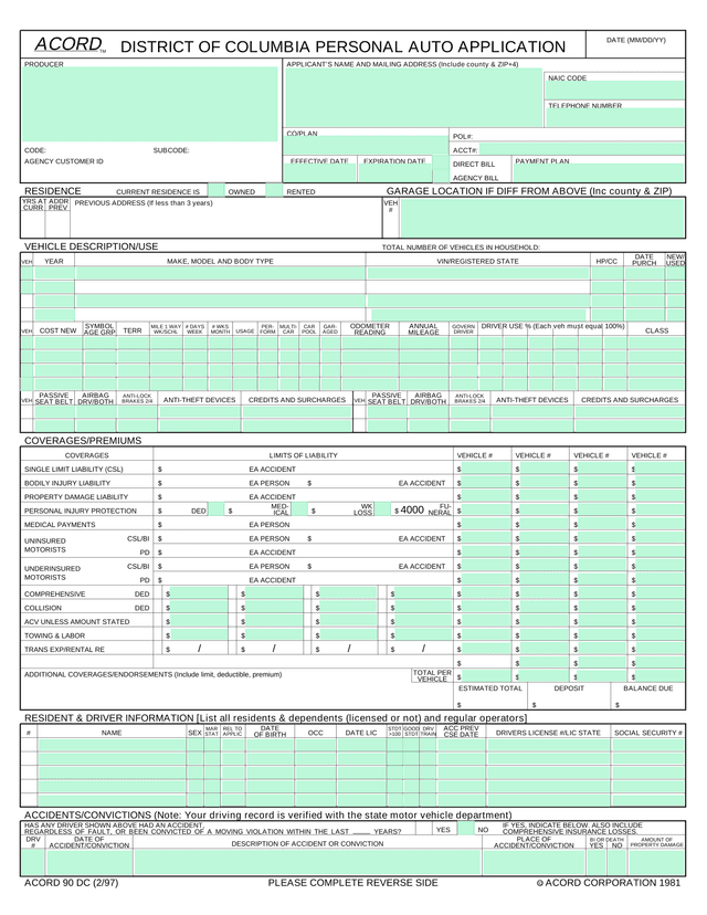 District Of Columbia Personal Auto Application (ACORD 90 DC) screenshot