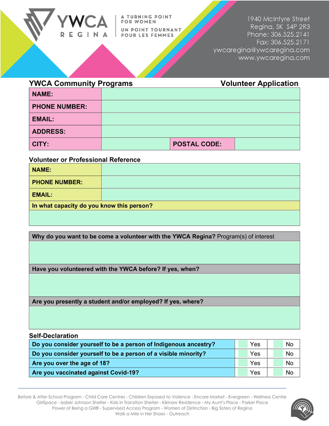 YWCA Regina Volunteer Application screenshot