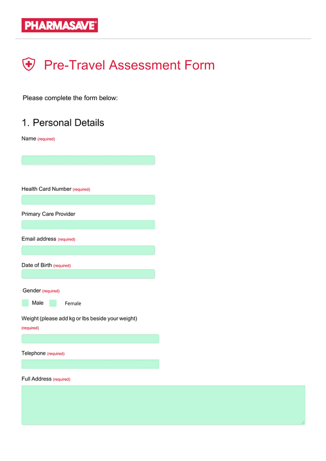 Pre Travel Assessment Form screenshot