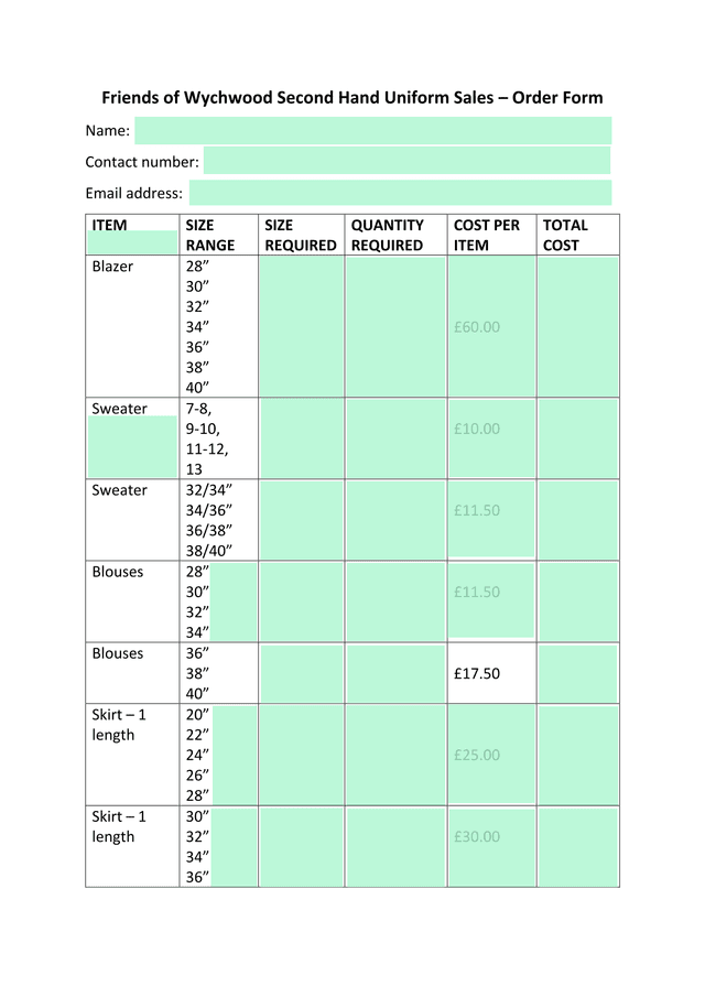 Friends Of Wychwood Second Hand Uniform Sales  Order Form screenshot