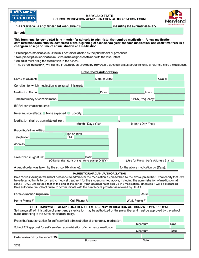 Maryland State School Medication Administration Authorization Form screenshot