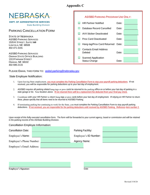 PARKING CANCELLATION FORM screenshot