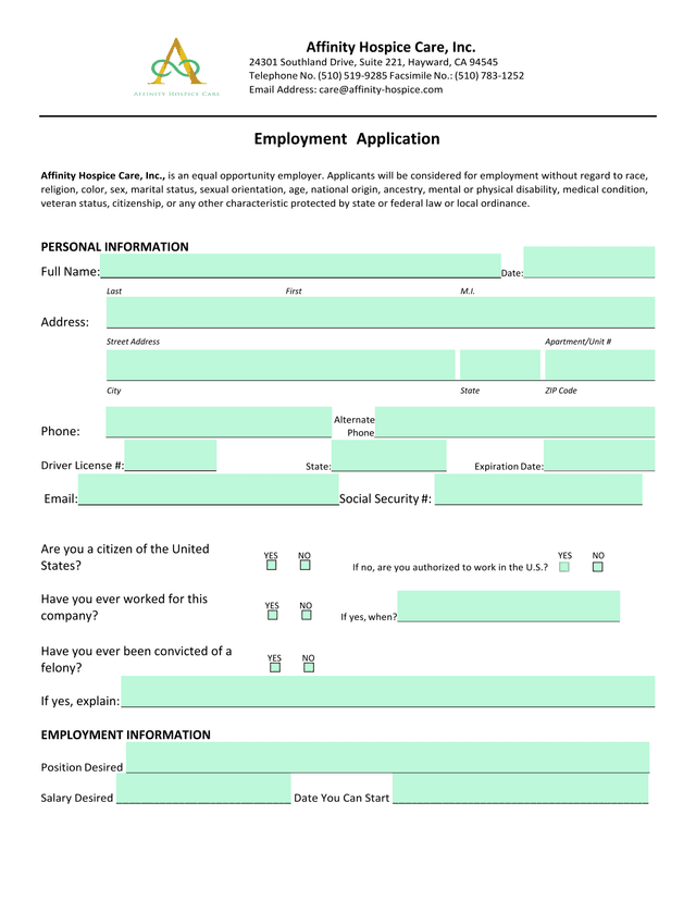 Affinity Hospice Care, Inc. Employment Application screenshot