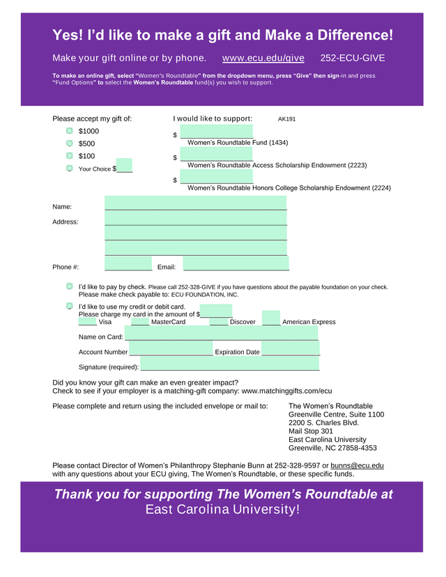 ECU WomenS Roundtable Donation Form screenshot