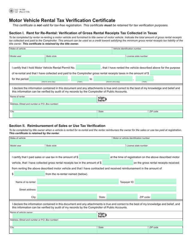 Motor Vehicle Rental Tax Verification Certificate screenshot