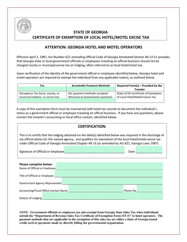 Certificate Of Exemption Of Local HotelMotel Excise Tax screenshot