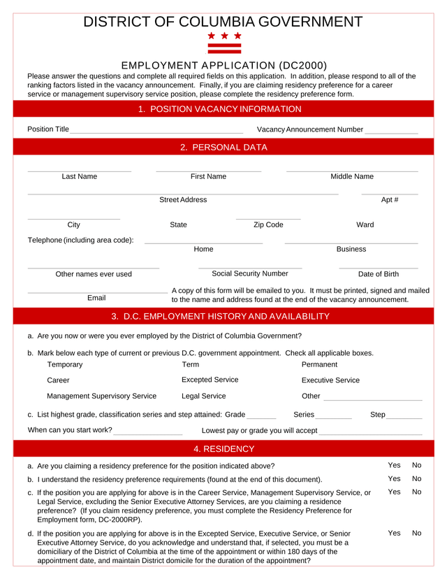 District Of Columbia Government Employment Application (DC2000) screenshot