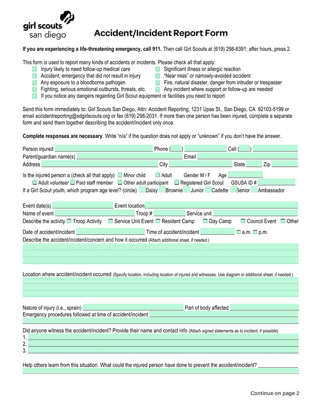 Girl Scouts AccidentIncident Report Form screenshot
