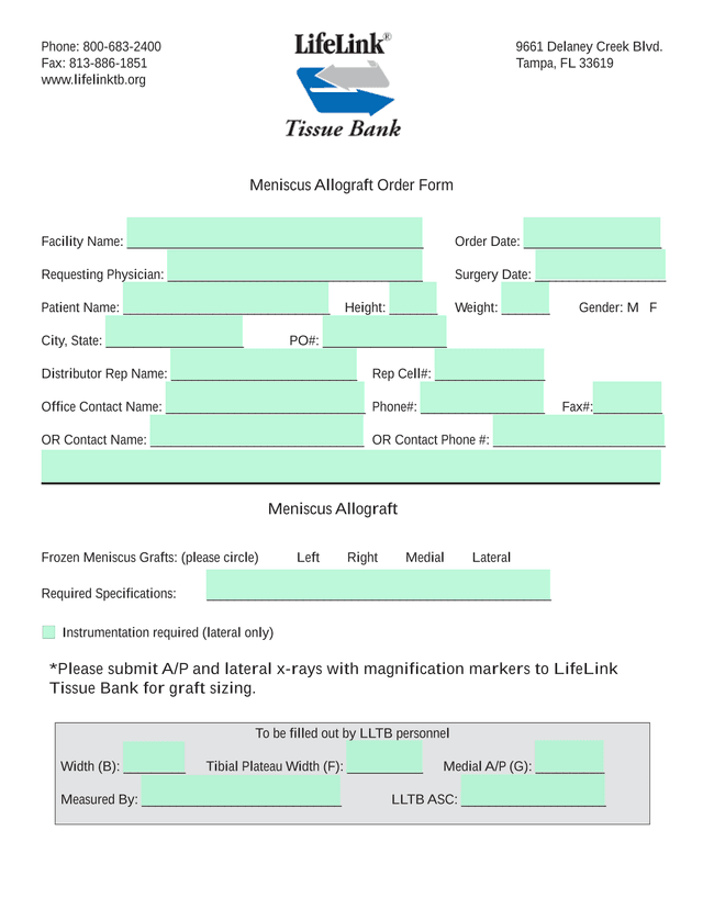 Meniscus Allograft Order Form screenshot