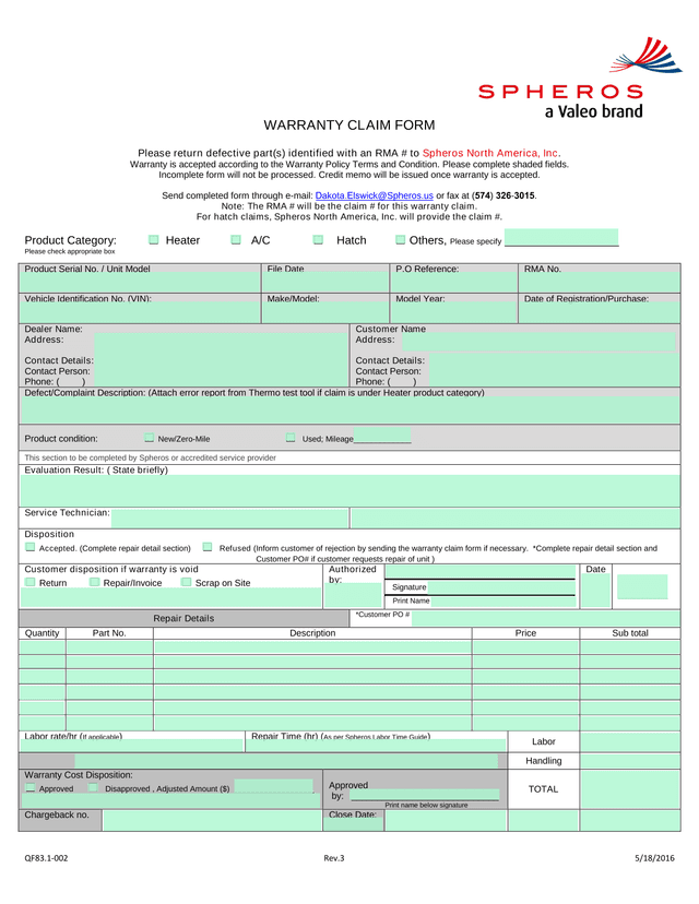 QF83.1 002 Warranty Claim Form screenshot