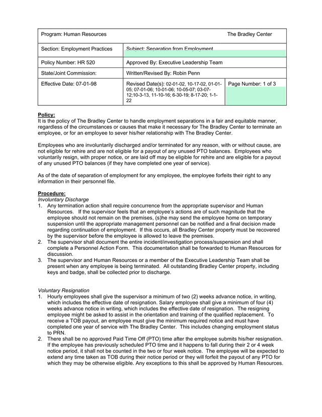 Separation From Employment Policy screenshot